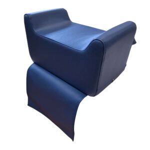 a blue leather chair with a folded edge